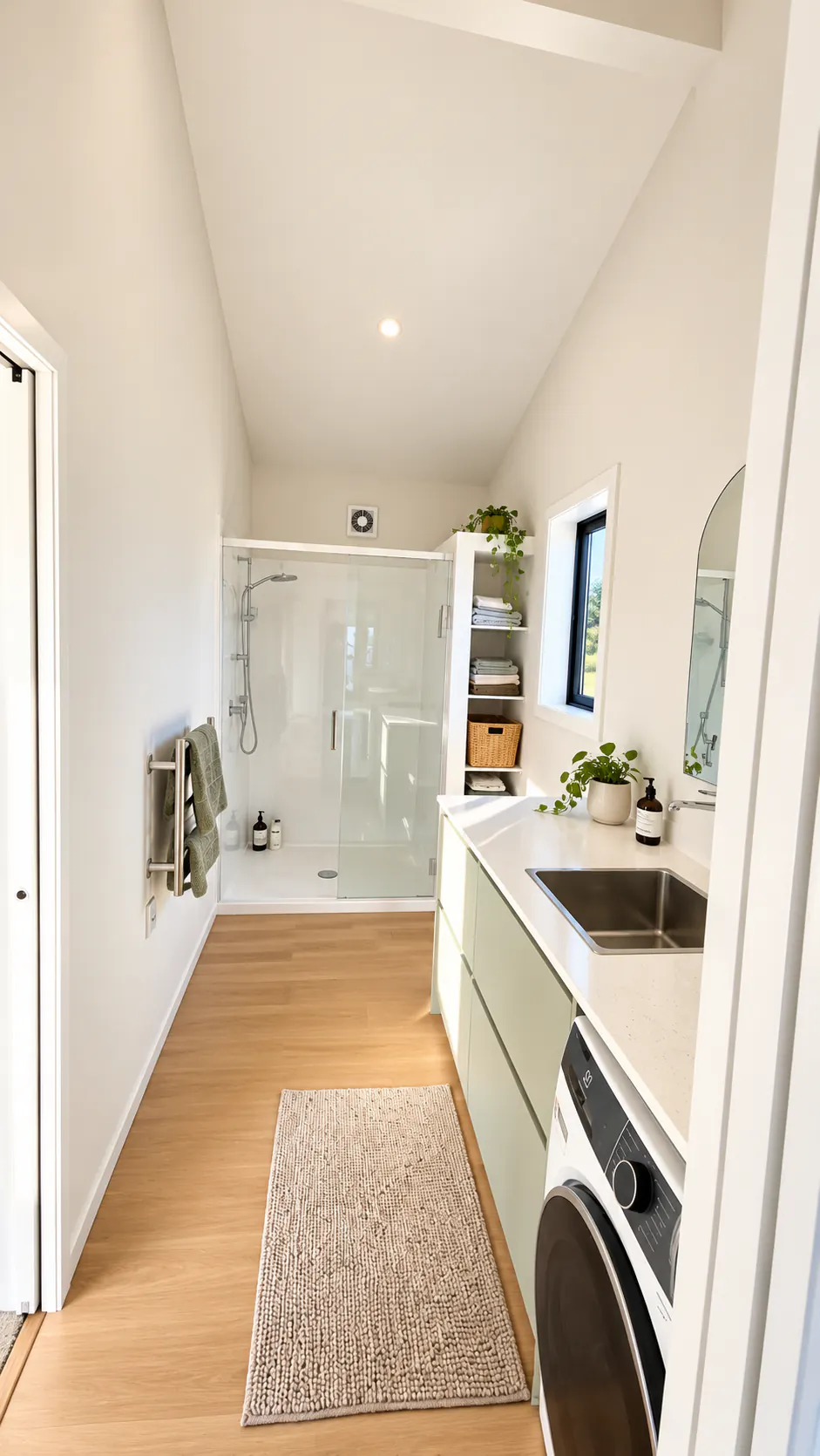 Minimalist Sage Laundry Bathroom