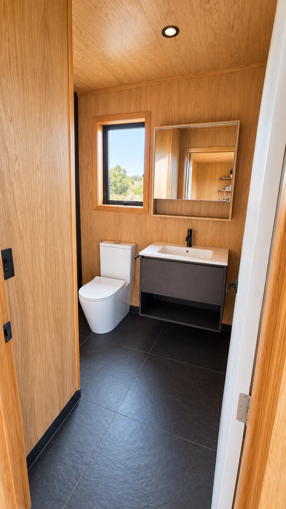 akaroa luxury pod bathroom timber lined vanity