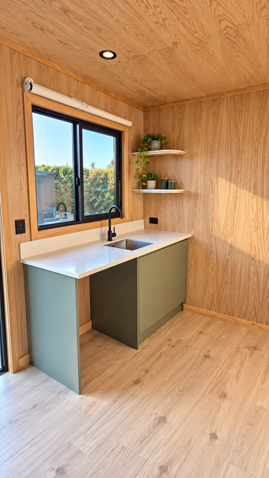 akaroa luxury pod kitchenette sage green cabinetry
