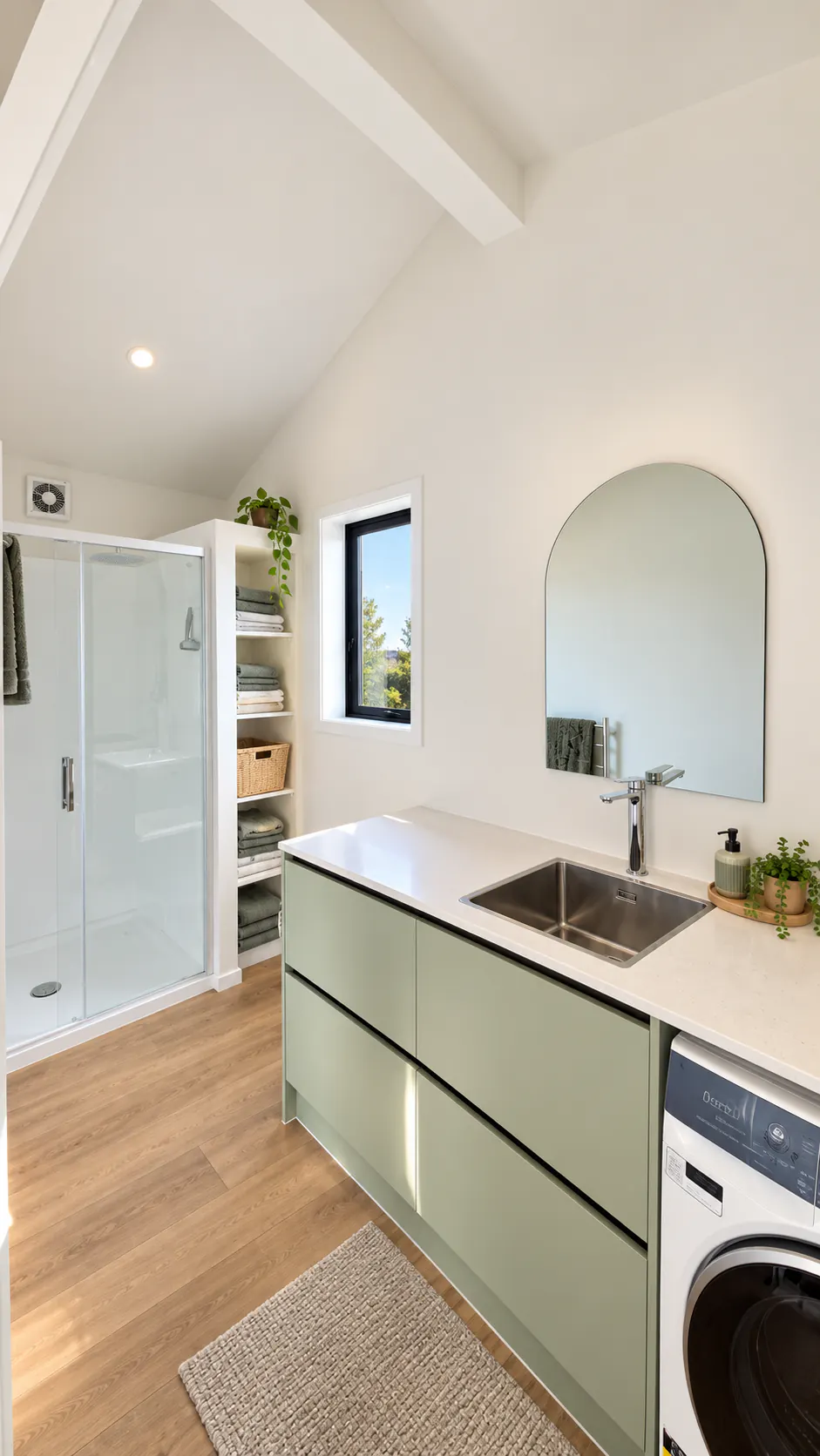 bach bathroom laundry mint vanity arched mirror sandy bay motueka nz