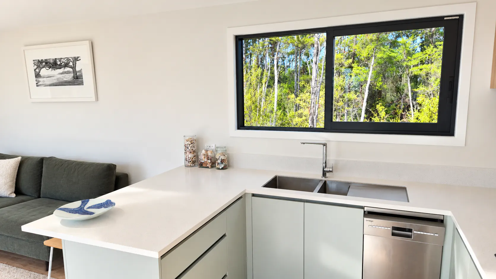 bach kitchen corner sink forest view sandy bay motueka nz