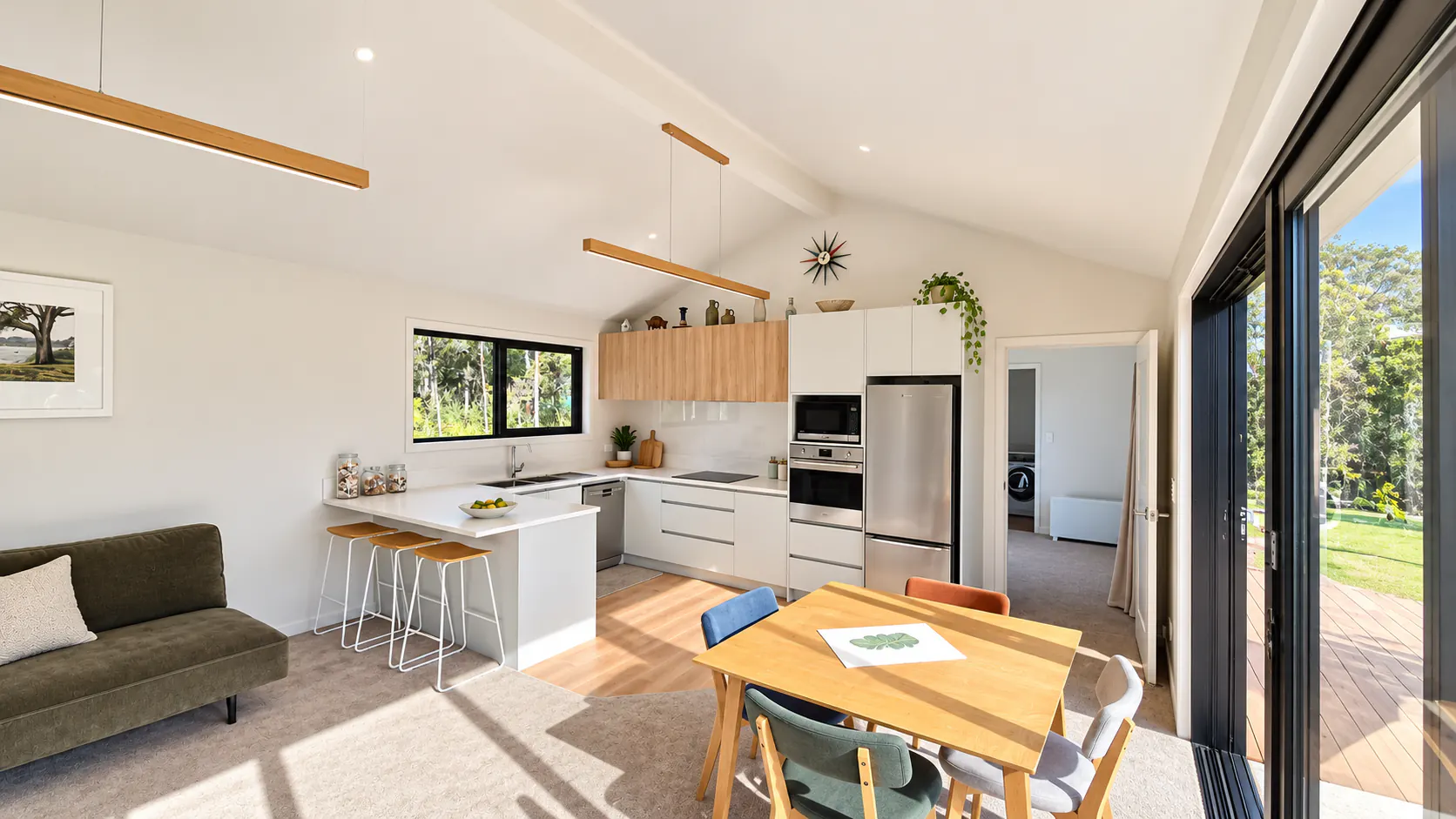bach kitchen dining vaulted ceiling sandy bay motueka nz