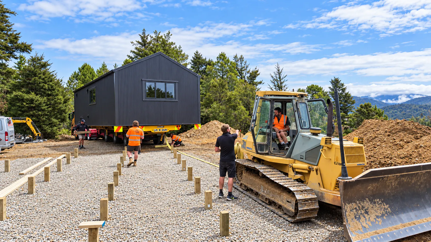 cabin installation on piles site works sandy bay motueka nz