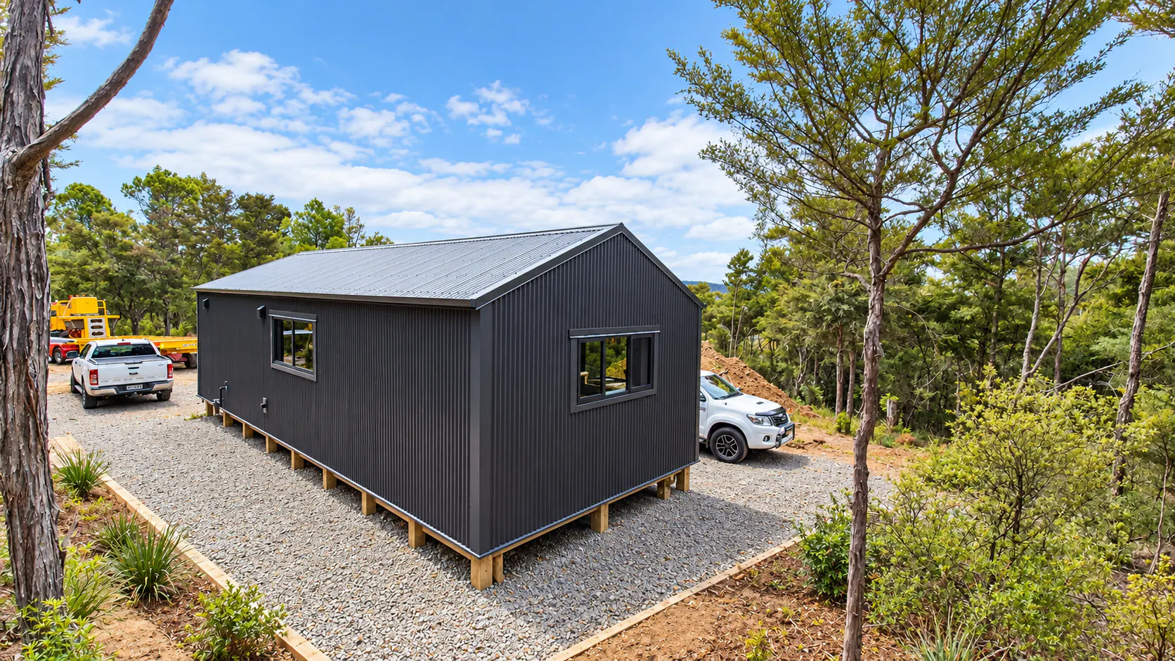 charcoal cabin on piles gravel pad sandy bay motueka nz