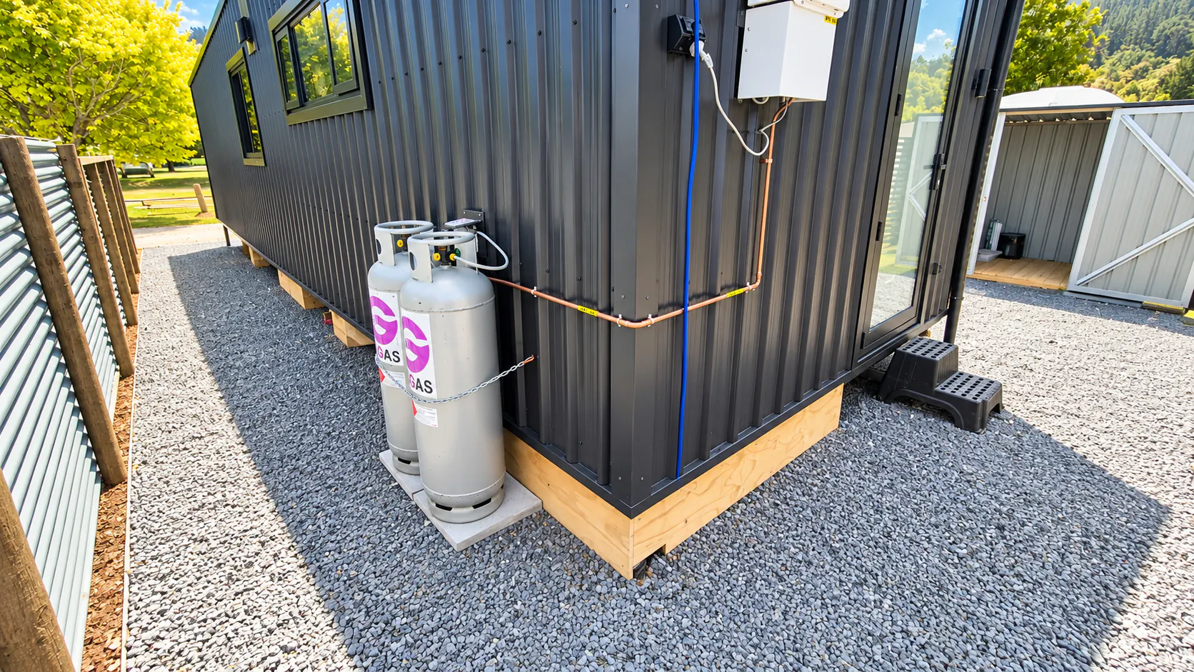 charcoal tiny home lpg gas cylinders bethany park kaiteriteri nz