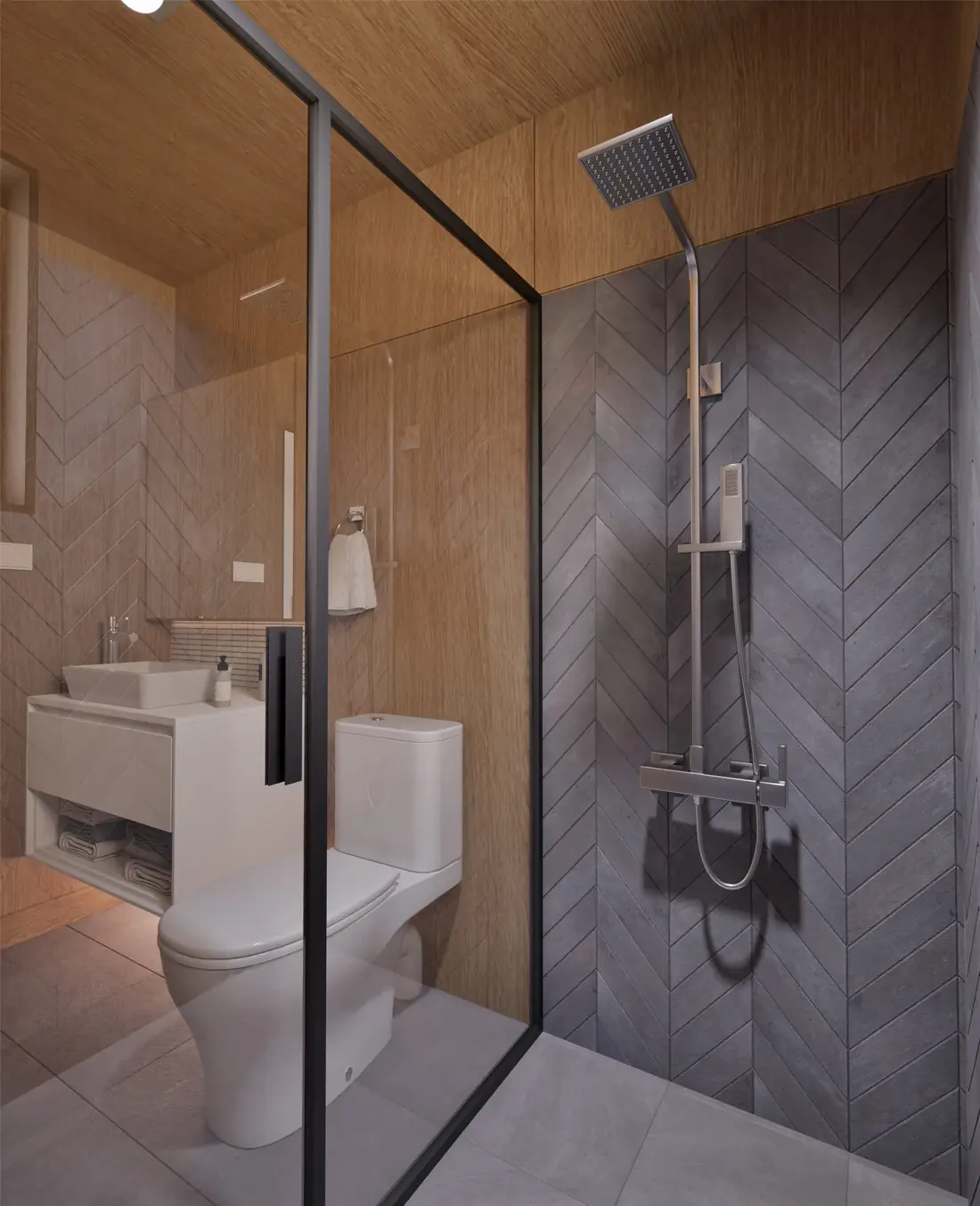 Tiled shower inside the Cosy 48 transportable home bathroom