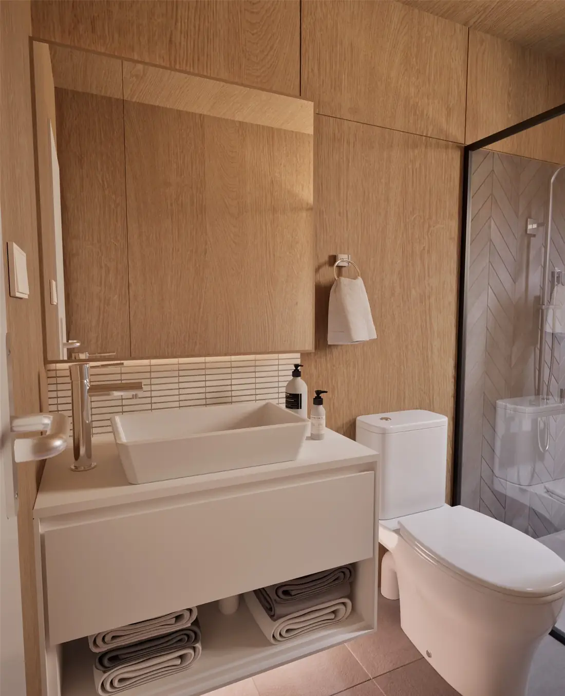 Vanity and bathroom fixtures inside the Cosy 48 transportable homen