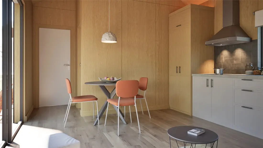 Dining area inside the Cosy 48 two bedroom transportable home