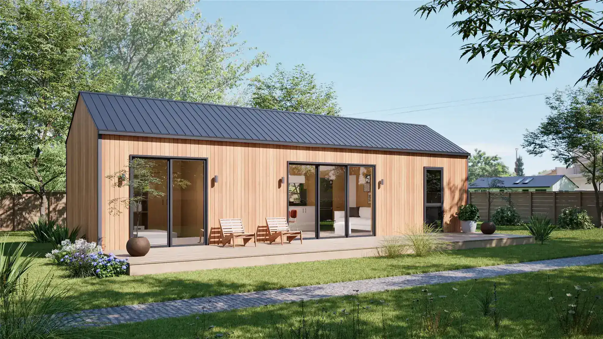 Front exterior view of the Cosy 48 transportable home with deck