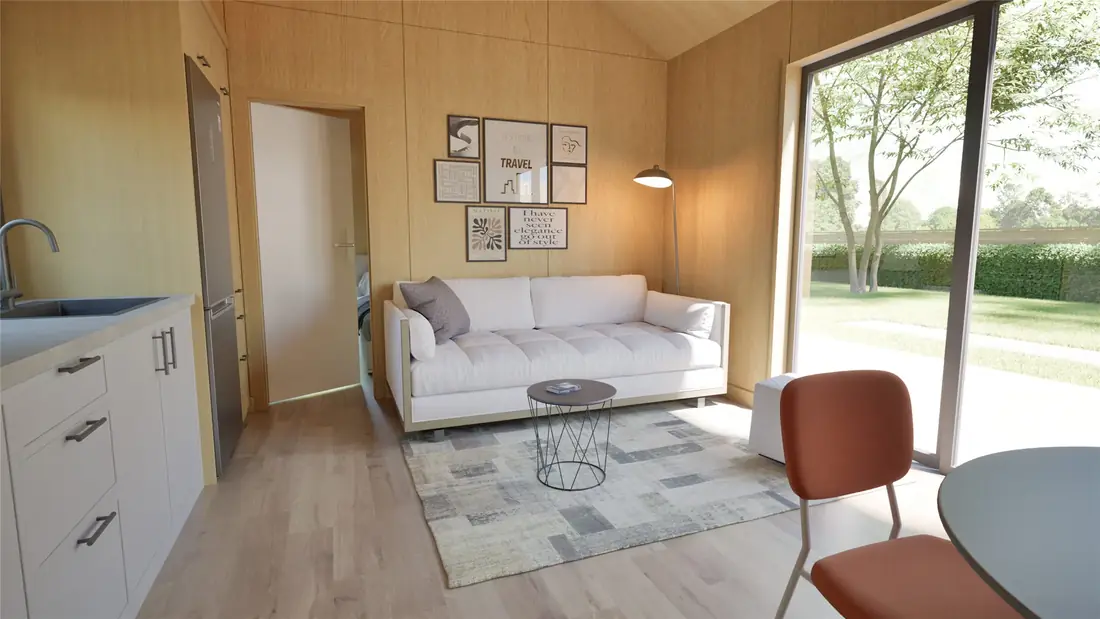 Spacious lounge and living area inside the Cosy 48 transportable home
