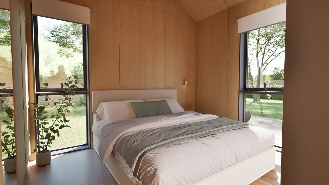 Main bedroom inside the Cosy 48 transportable home