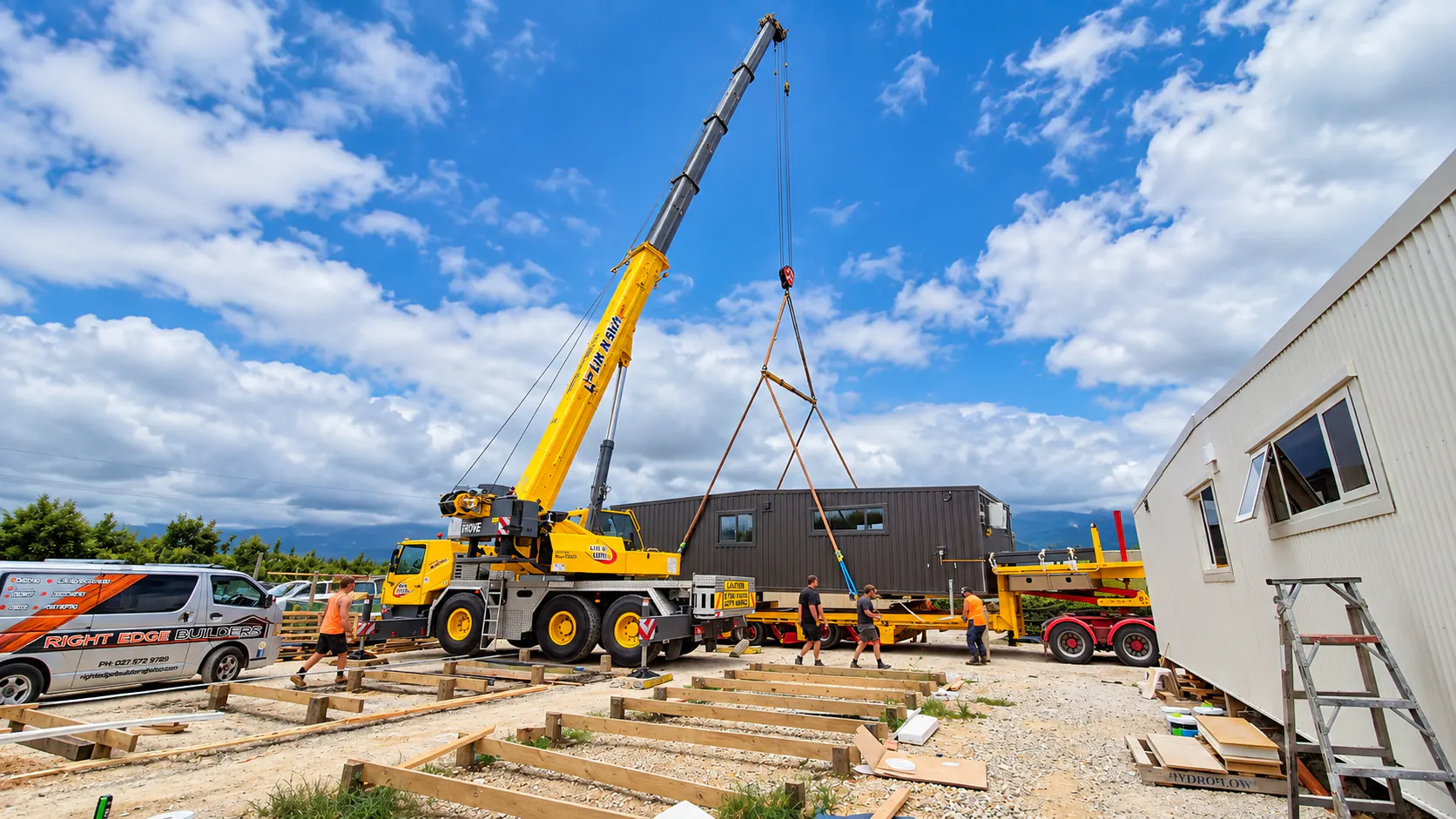 crane lifting 12m tiny home into position kaiteriteri nz