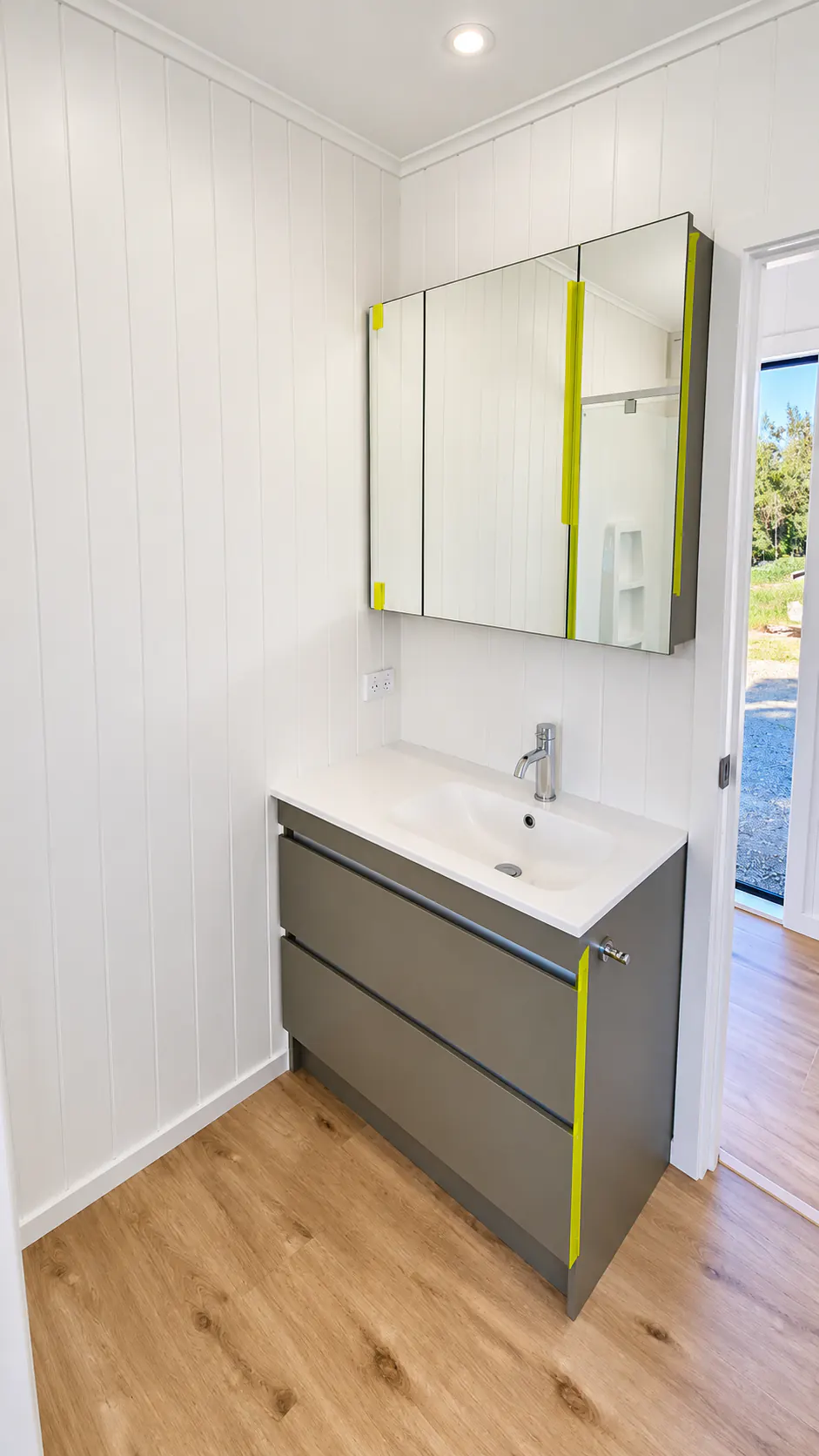 custom tiny home bathroom vanity lime accents takaka hill nz