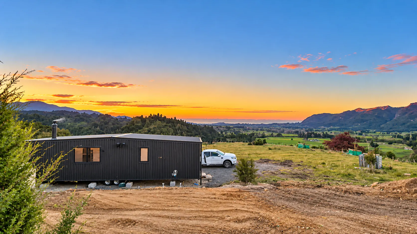custom tiny home golden valley sunset takaka hill nz