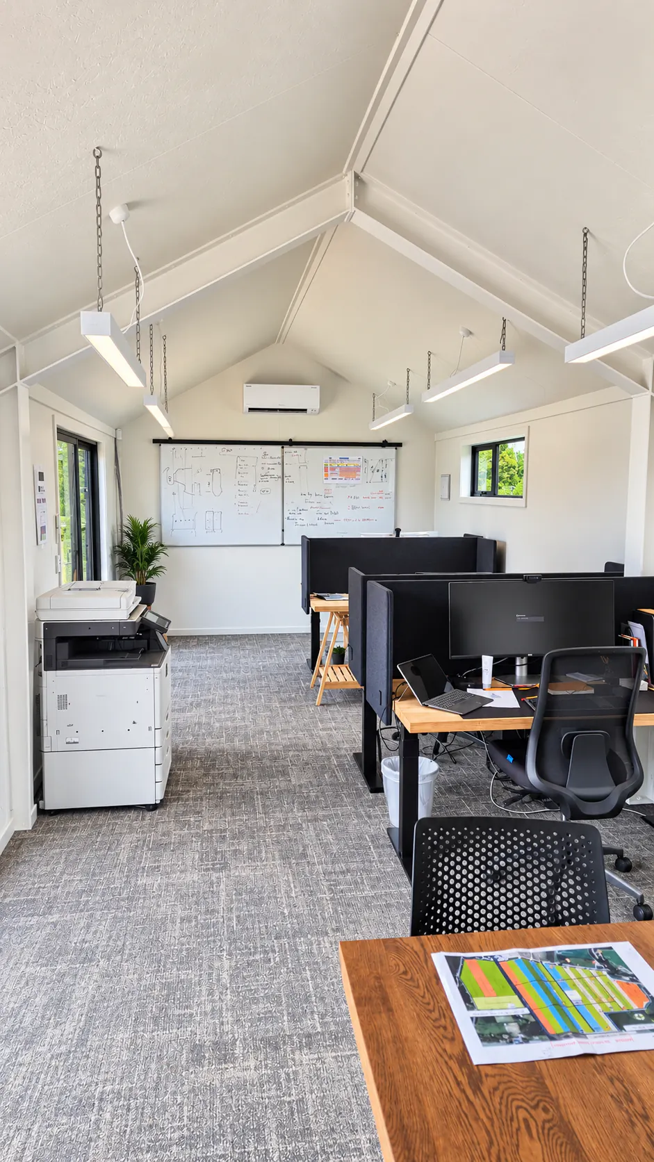 gabled ceiling office cabin interior desks printer nz