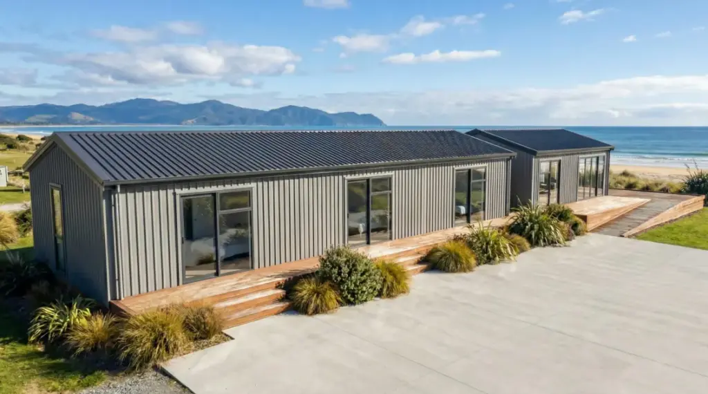Transportable cabin at a New Zealand holiday park with a covered deck