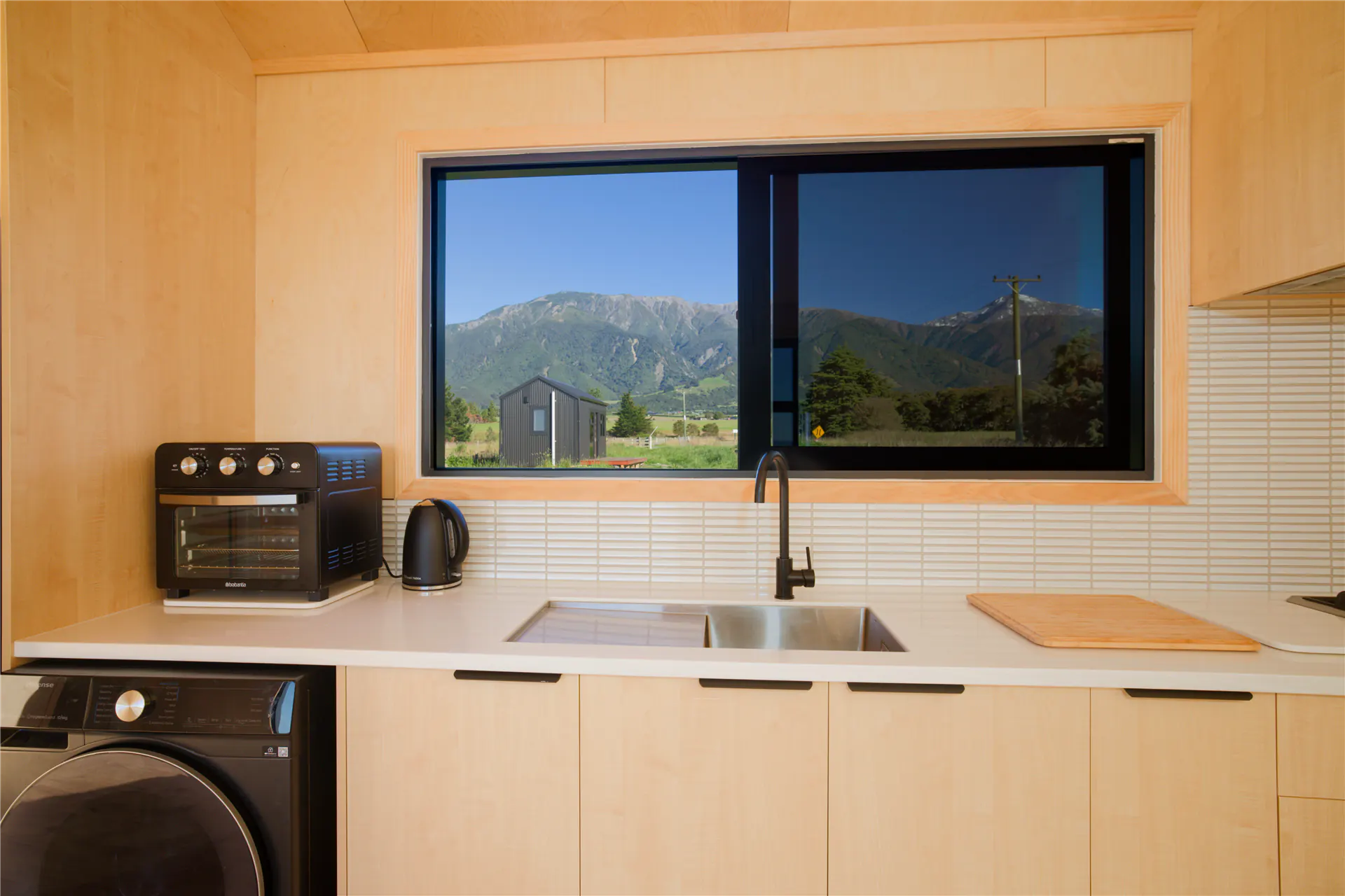 kaikoura bnb cabin kitchen sink window views nz