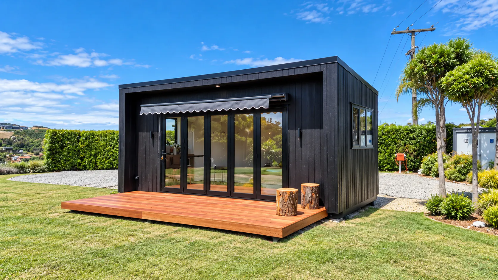 kaiteriteri luxury sleepout timber deck awning