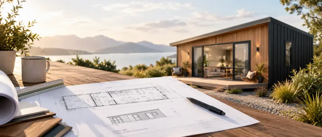 Portable cabin with a deck on a New Zealand property