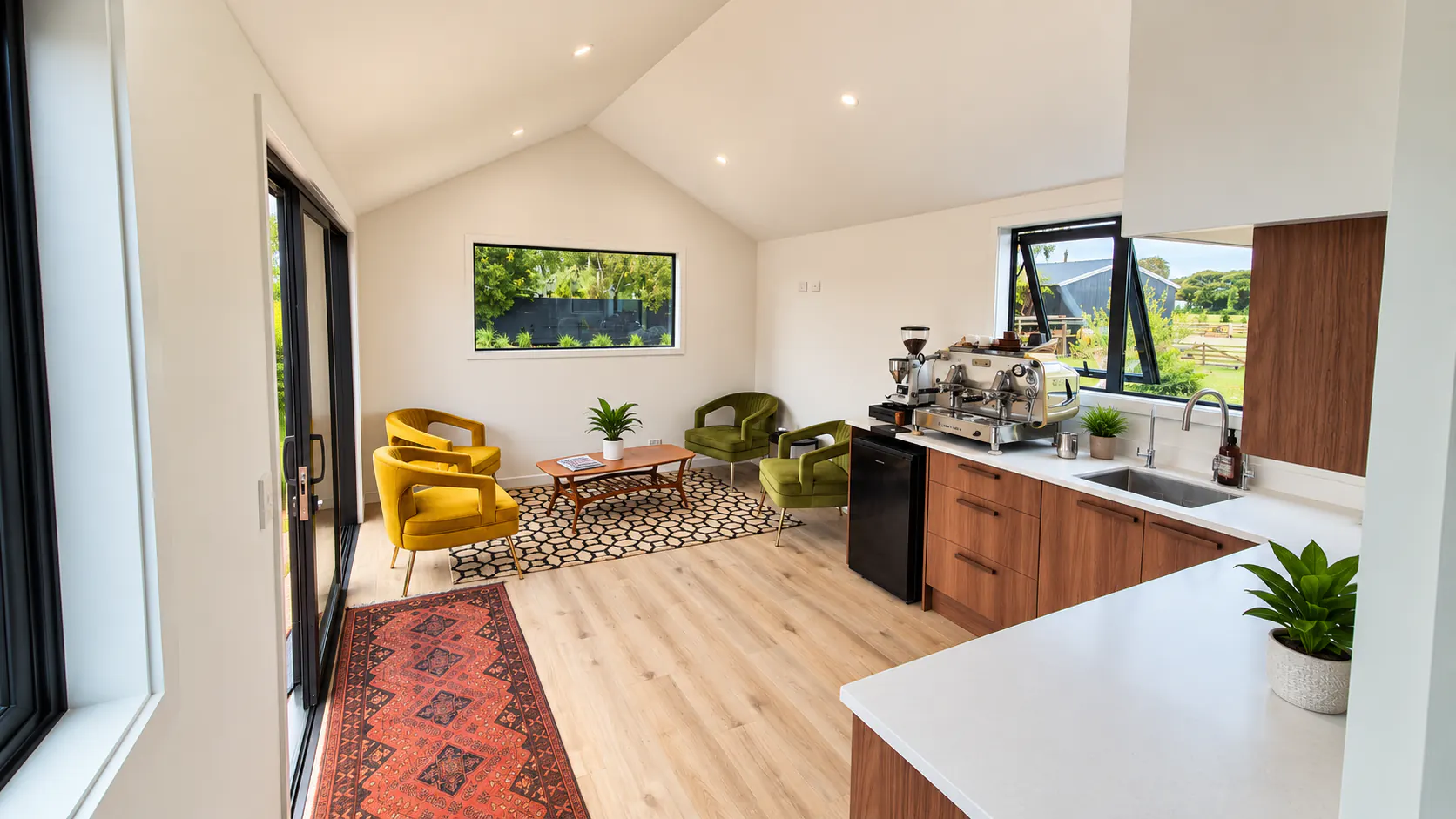 office cabin staff lounge kitchenette garden views nz