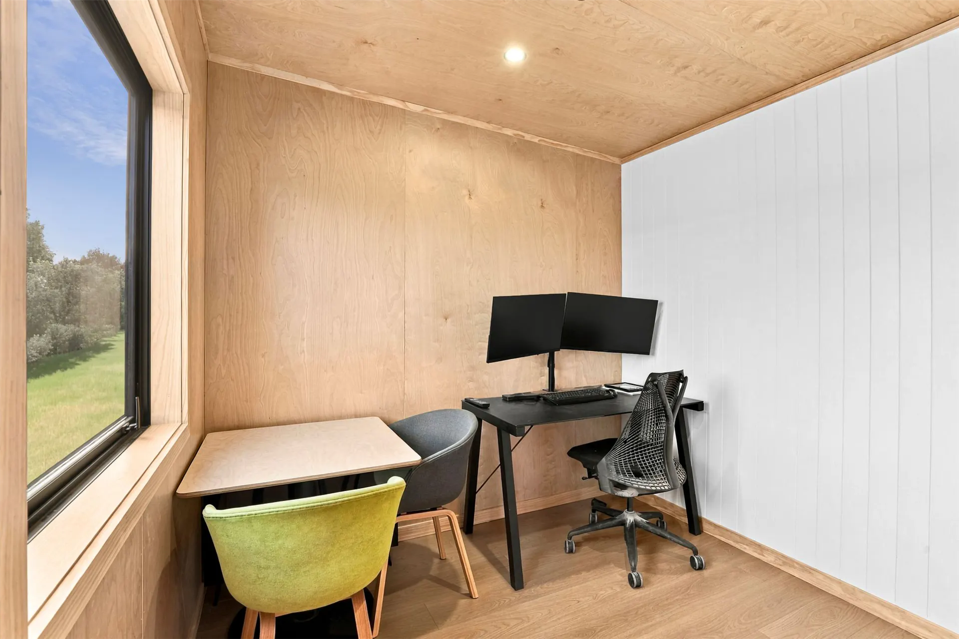 office show home birch ply interior desk natural light