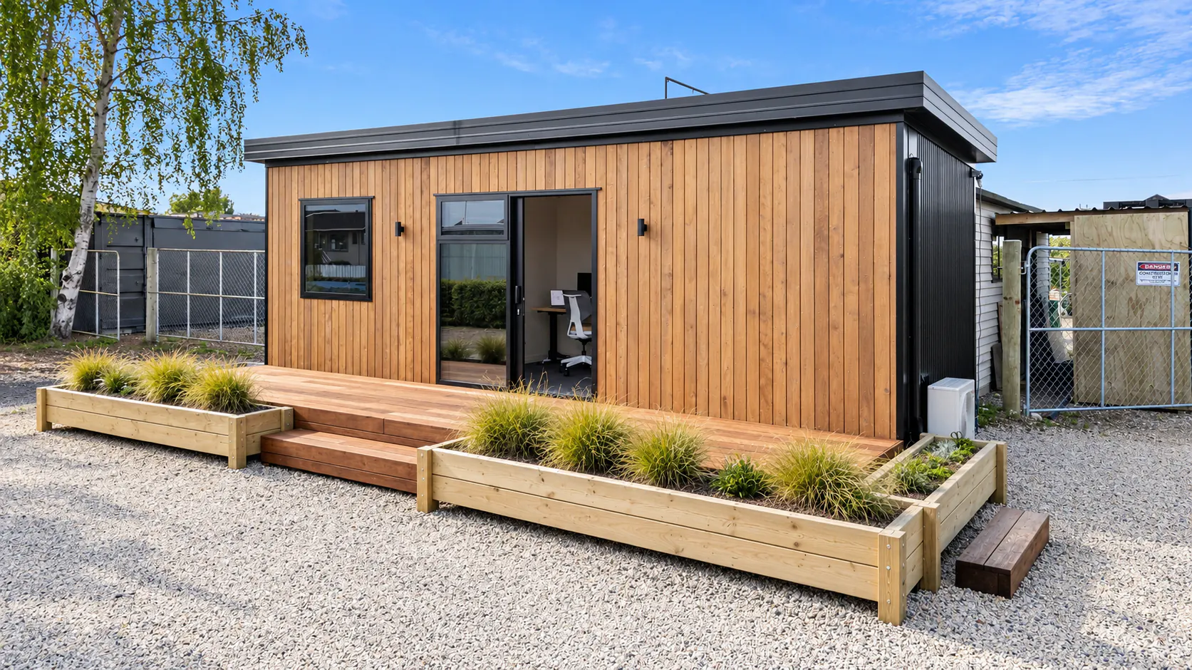 office show home black iron macrocarpa cladding kwila deck