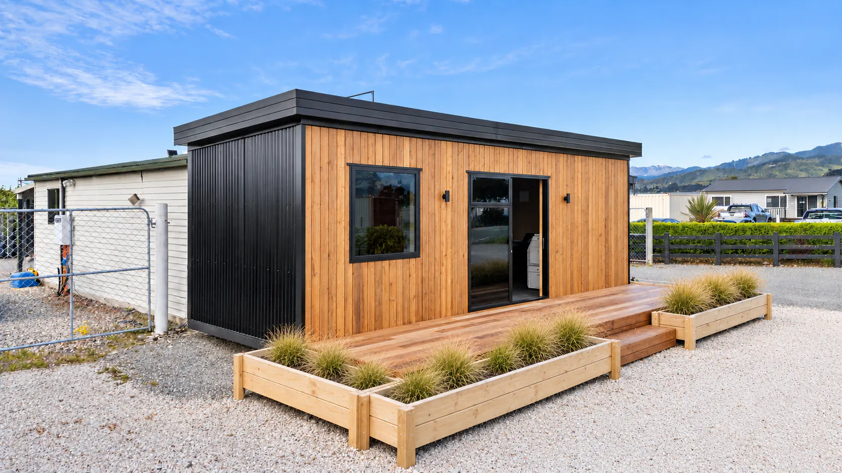 office show home exterior mountain views motueka cosy cabins