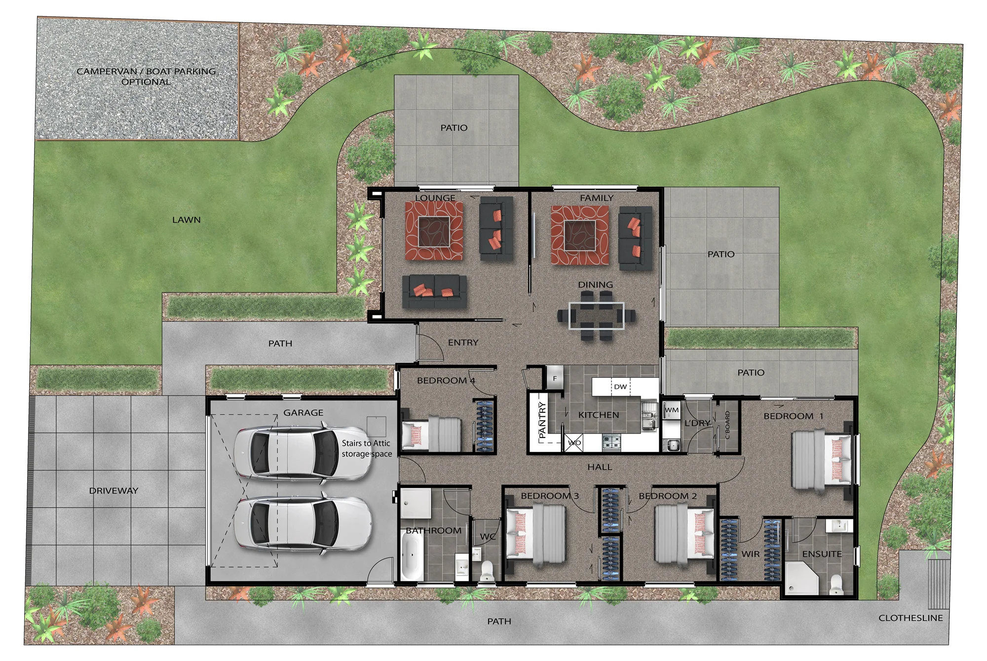 Puketutu 180 floor plan: 4 bedrooms, 2 bathrooms, double garage