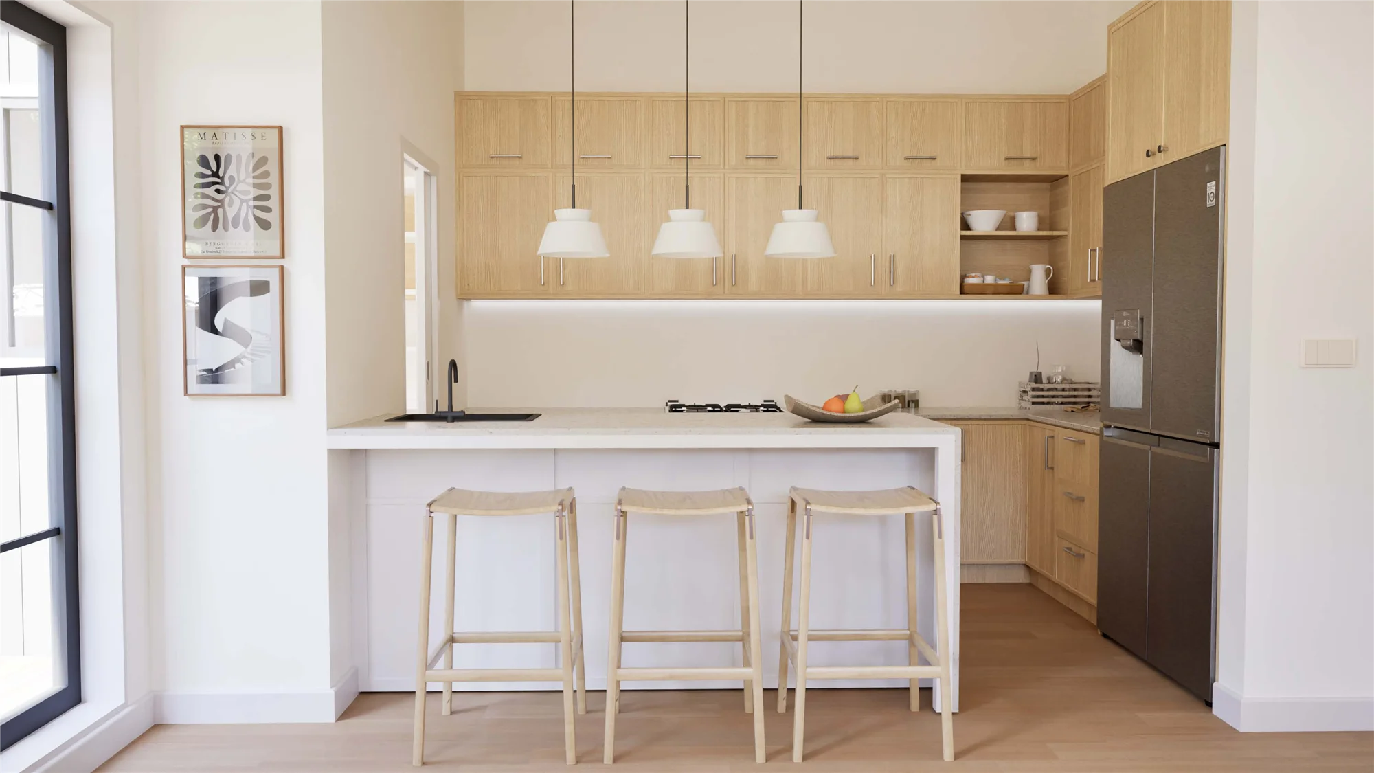 Kitchen with timber cabinetry and stone benchtop