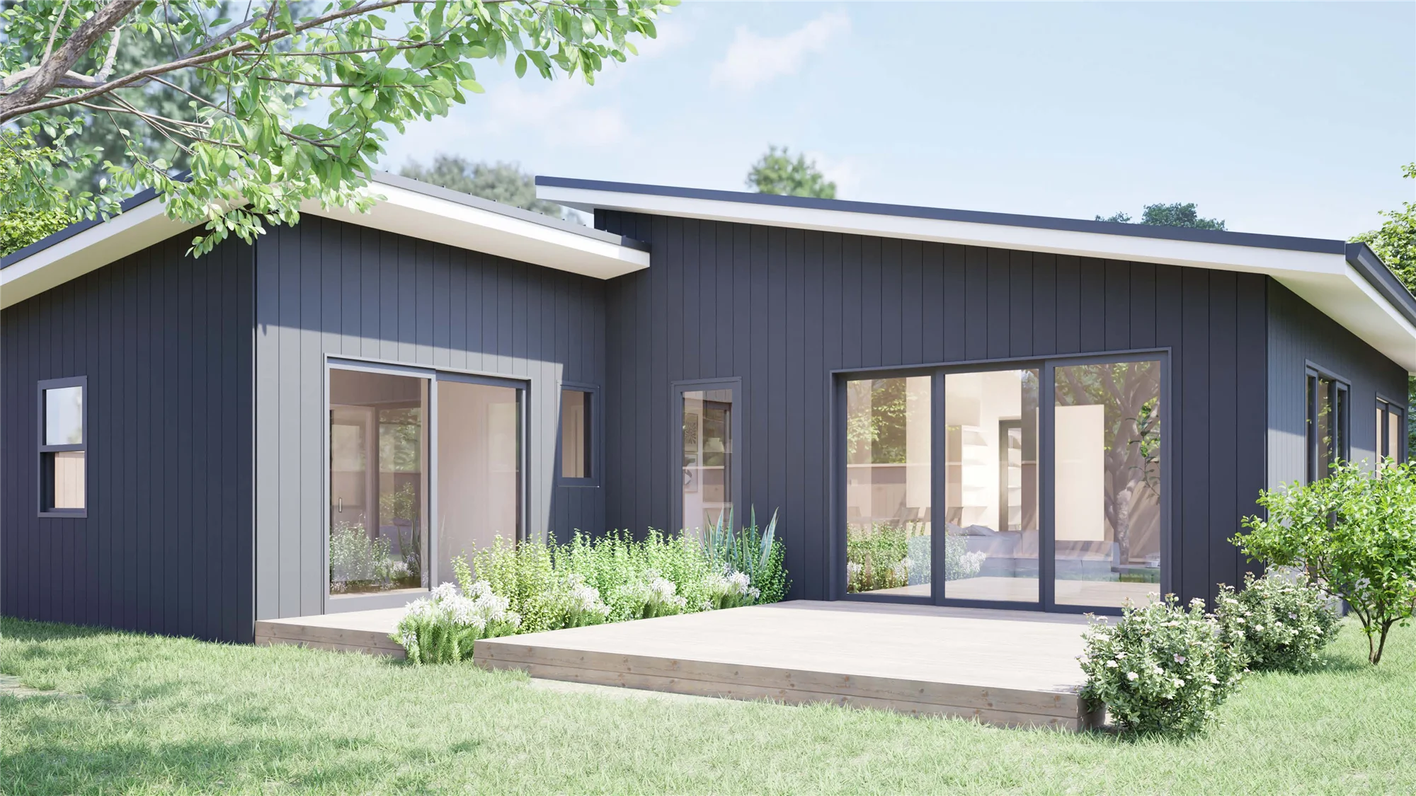 Rear exterior with indoor-outdoor flow to the deck