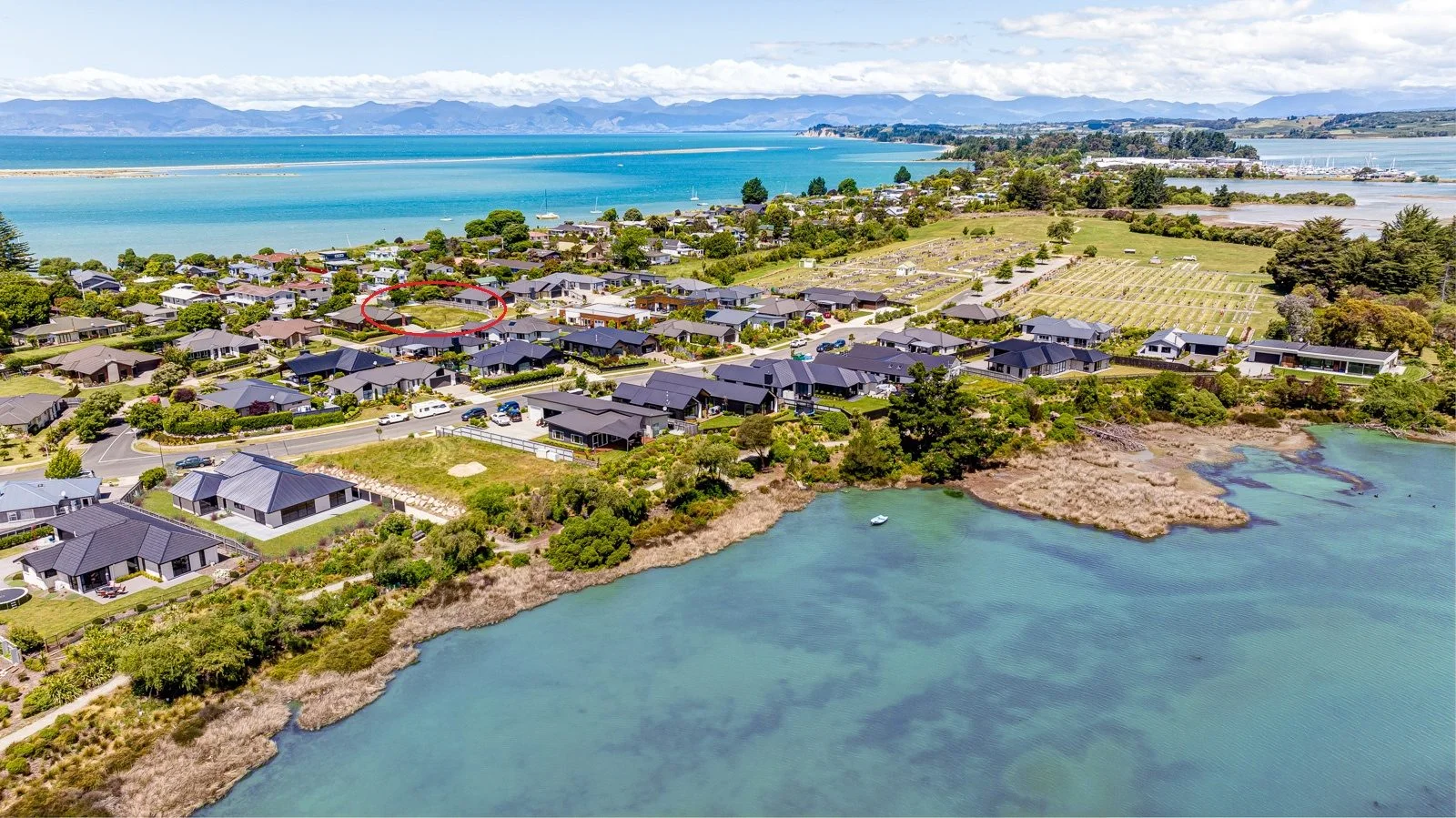 Aerial view of Puketutu Drive, Motueka, with the section circled, moments from the Tasman Bay coastline