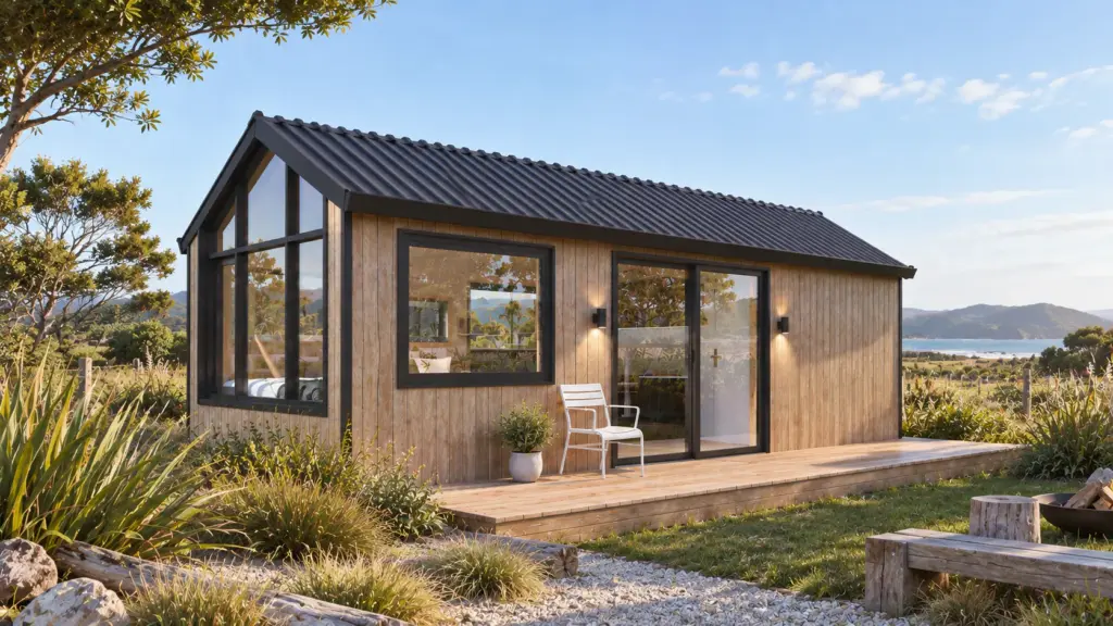 Portable sleepout with a deck in a New Zealand backyard