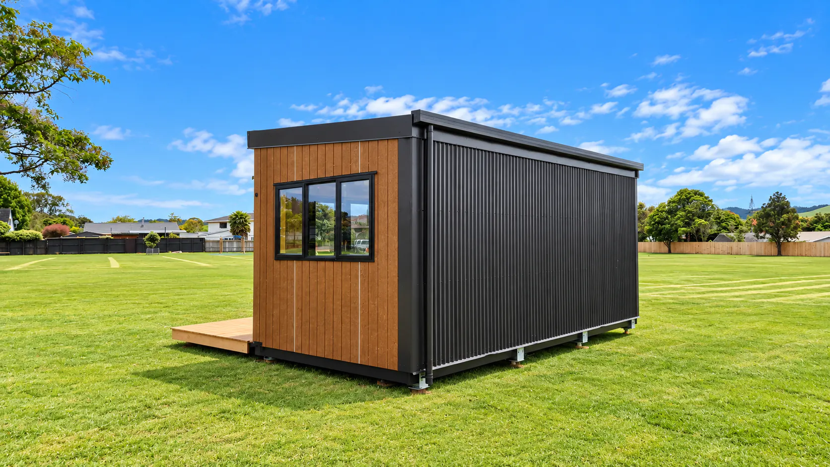 tikipunga outdoor modular building charcoal timber side elevation