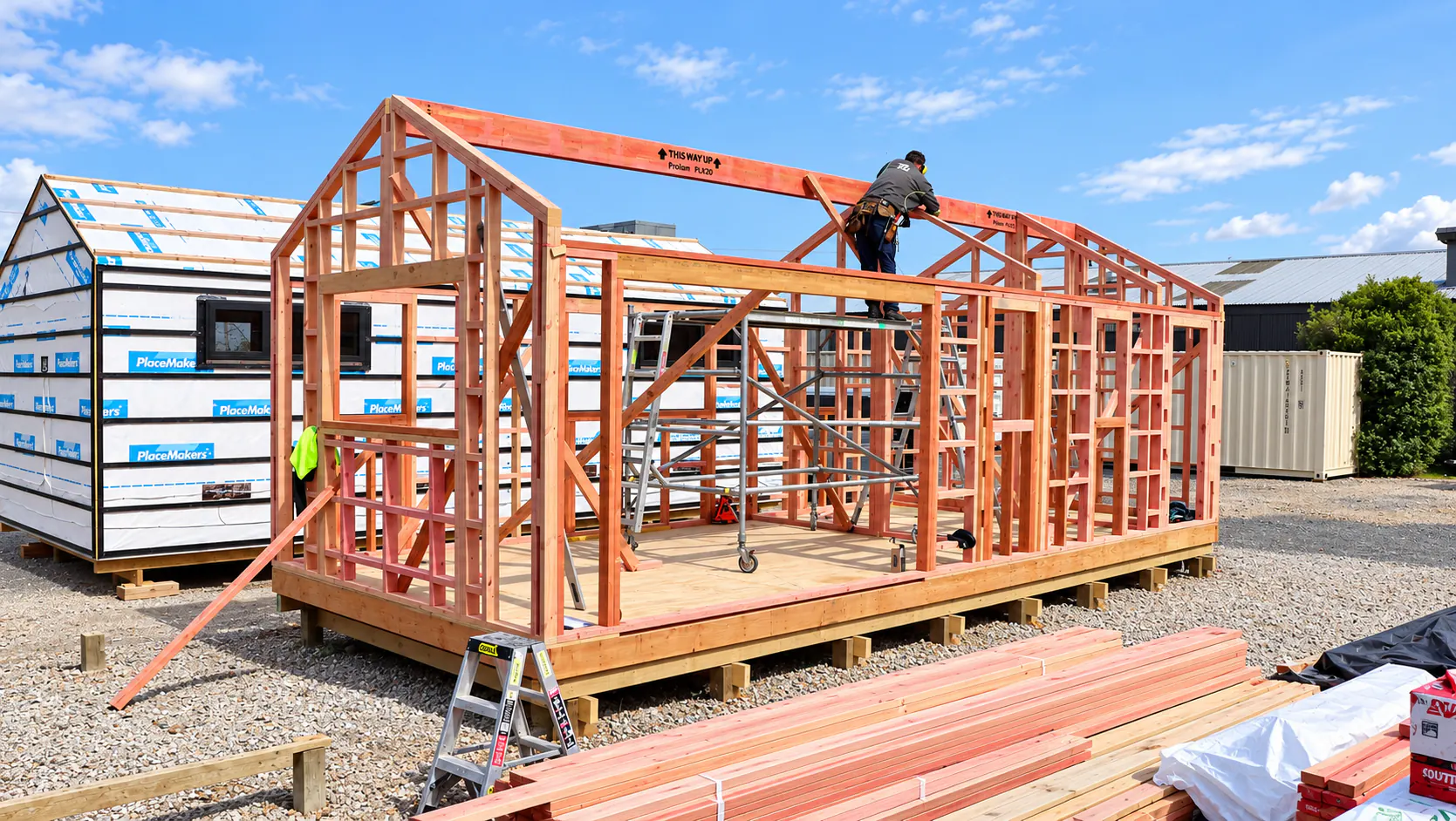 timber framed modular office cabin under construction nz