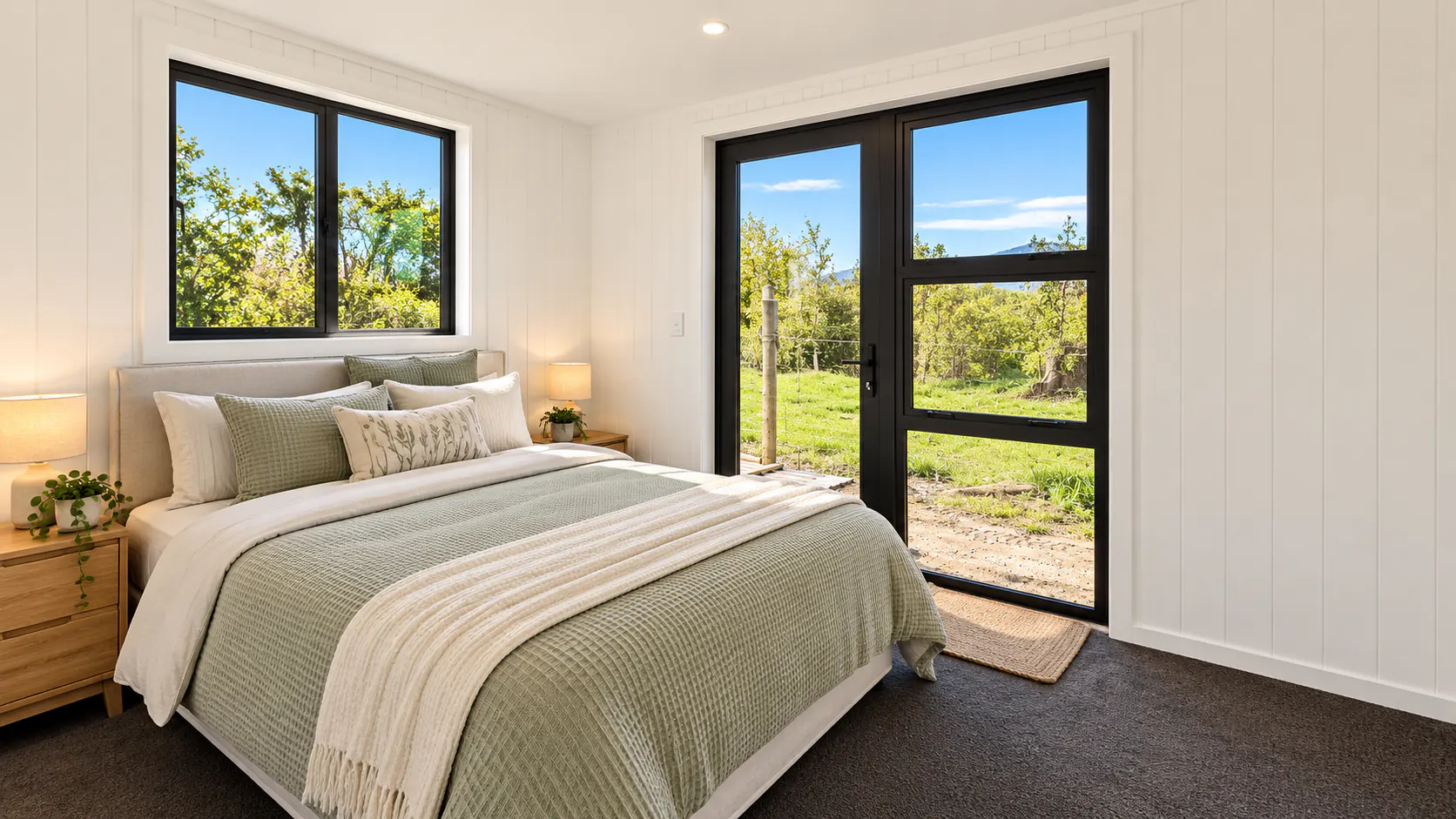 tiny home bedroom sage green bedding takaka hill nz