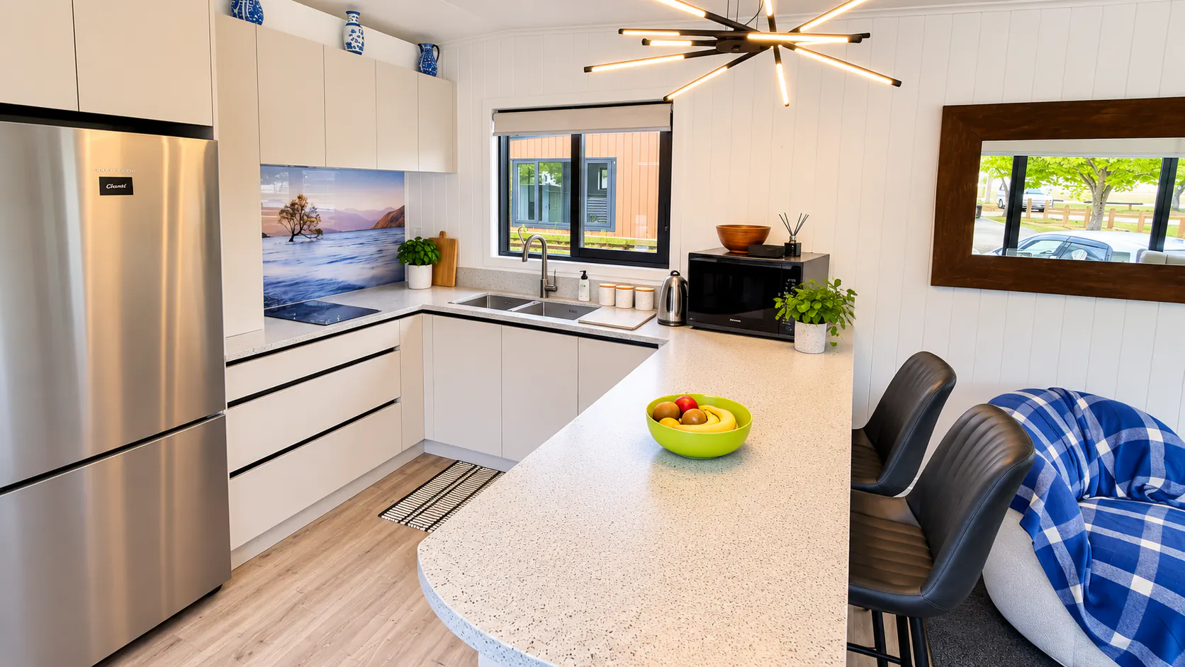 tiny home full kitchen living area bethany park kaiteriteri nz