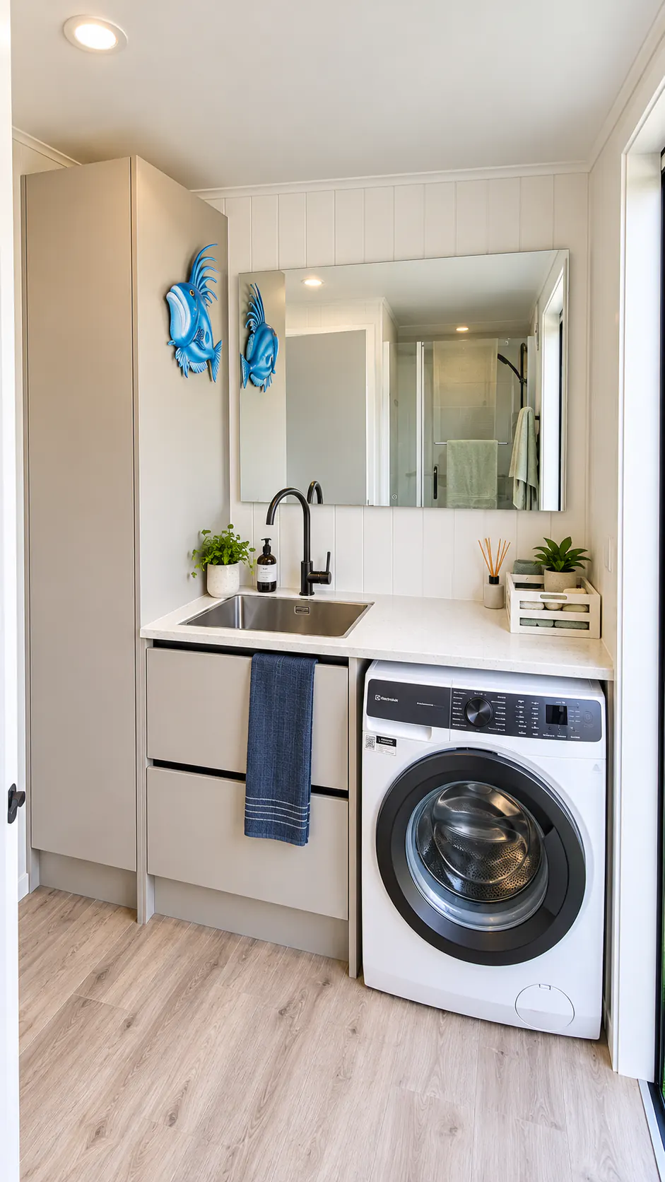 tiny home laundry vanity washing machine bethany park kaiteriteri nz