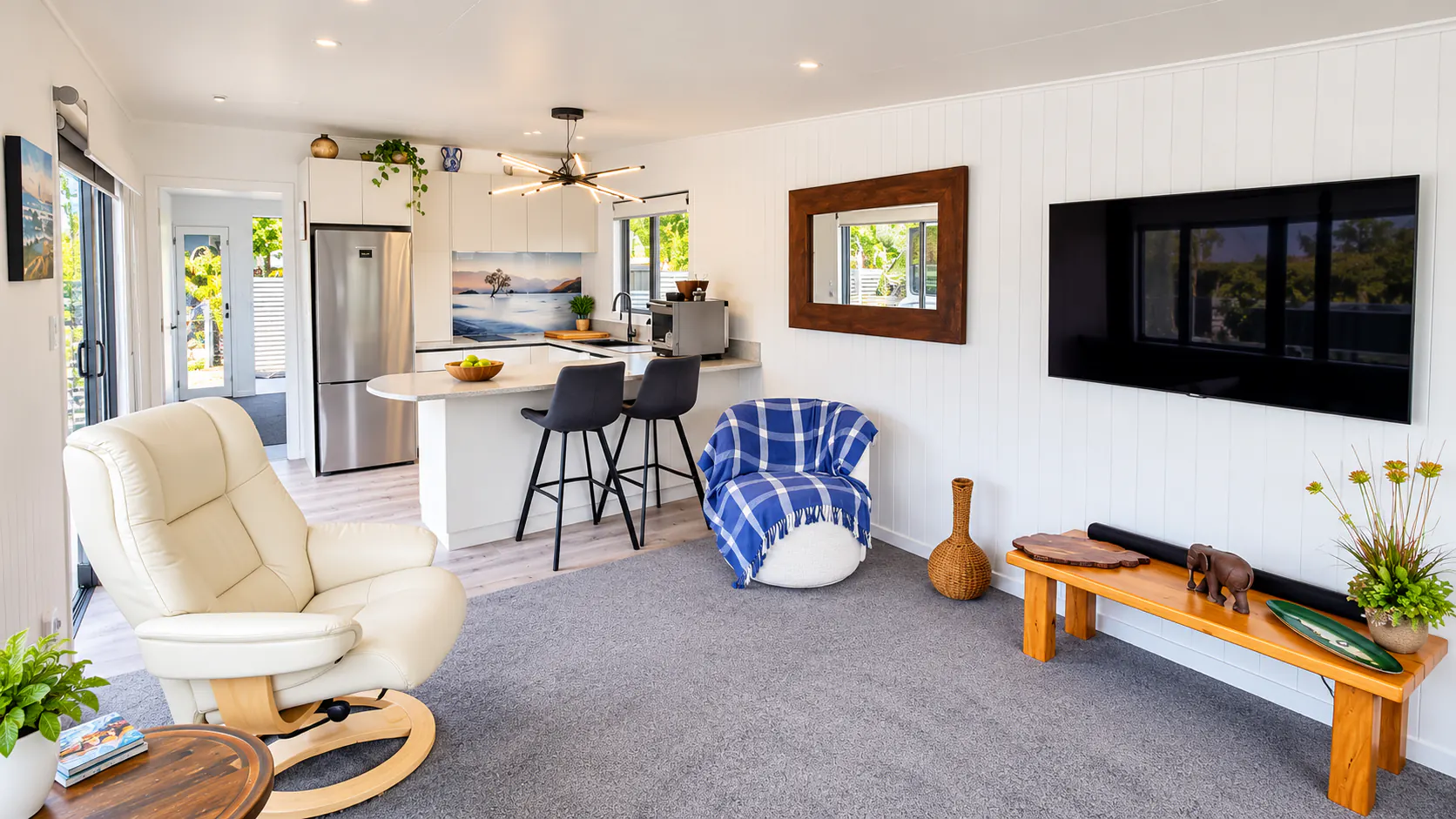 tiny home living area scandinavian style bethany park kaiteriteri nz