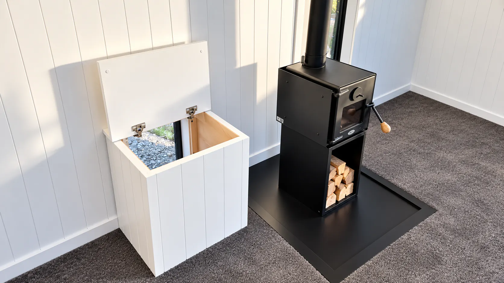 tiny home wood burner stove wood storage takaka hill nz